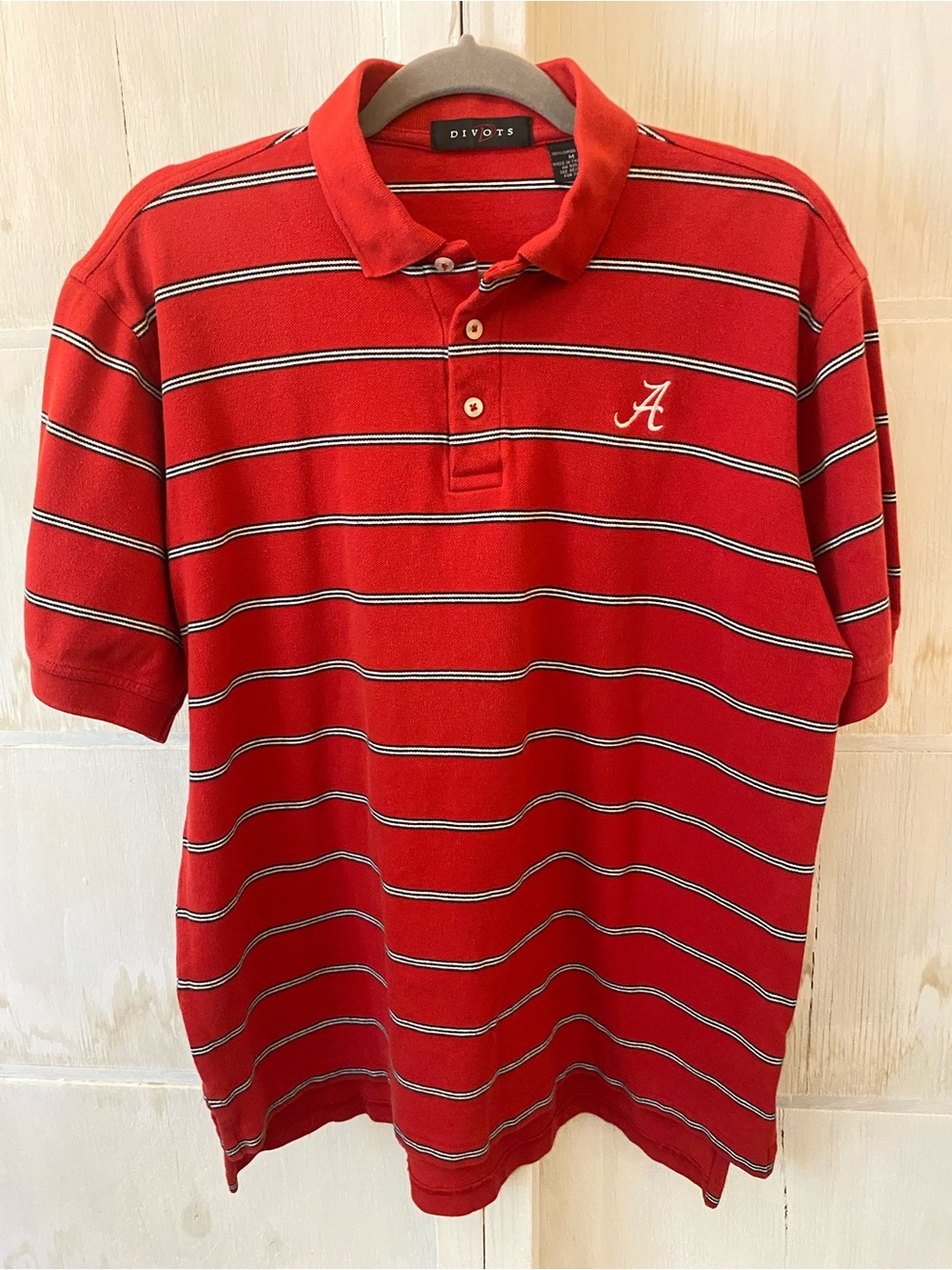 Red Striped Alabama Polo Shirt with Embroidered A Divots Medium